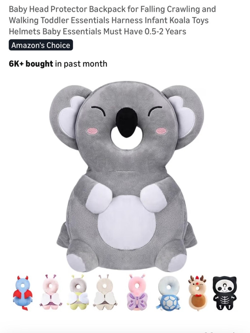 Koala Baby Head Protector Backpack - Gray Plush Toddler Safety Pillow